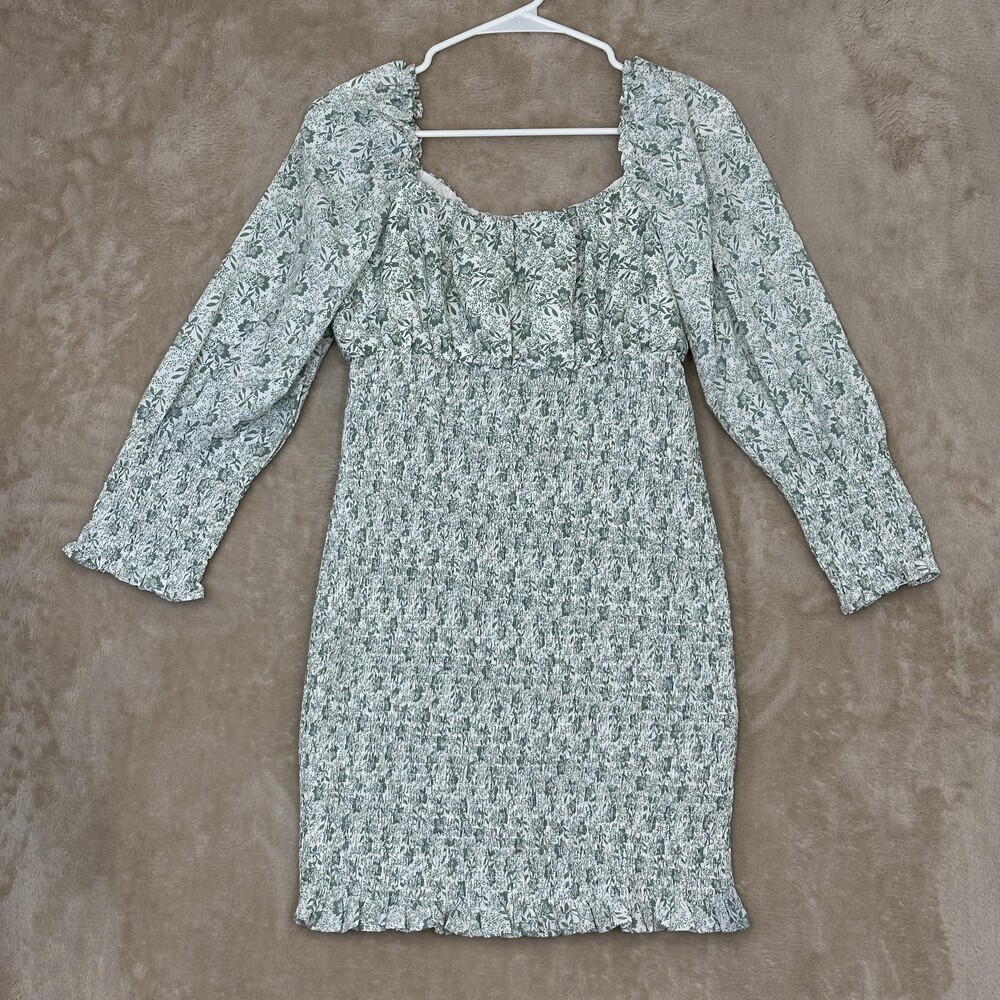 She + Sky Dress Womens Large Green Floral Smocked Puff Sleeve Square Neck Mini